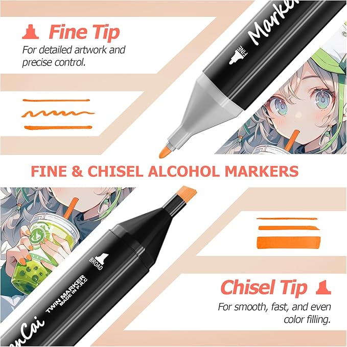 RUN HELIX Alcohol Markers, 120 Colors Dual Tip Markers Broad Brush Tip and Fine Tip, Marker for Coloring Drawing Painting Art, Alcohol Marker Set with Case for Adults (Black Barrel)
