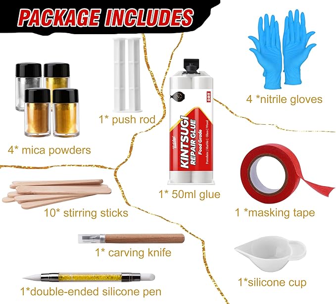 Kintsugi Repair Kit, Food Safe Ceramic Glue Repair Cups, Bowls, Saucers, Vase, Upgraded Kintsugi Pottery Kit Perfect for Beginners Restoring Meaningful Gifts and Art Craft, Kintsugi Glue Gold & Silver