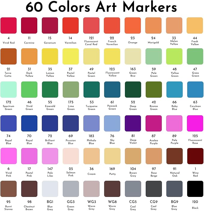 ABEIER Alcohol Markers, 60 Colors Dual Tip (Fine & Chisel) Art, Coloring Markers for Adults, Ideal for Book Drawing Sketching Painting, Card Making, Includes 1 Colorless Blender