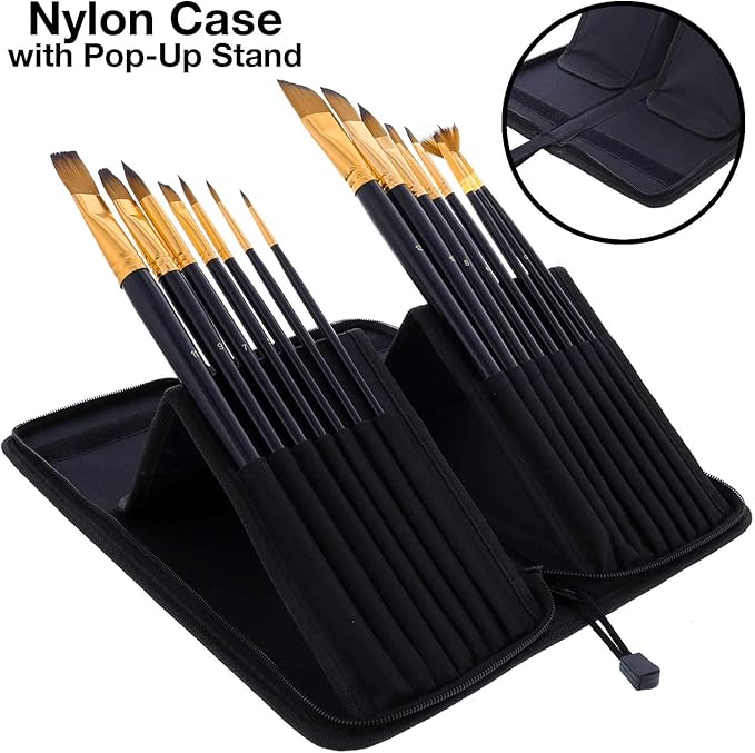 U.S. Art Supply 15 Piece Artist Long Handle Synthetic Paint Brush Set - Multi Functional Watercolor Gouache Oil Acrylic Brush Set in Zippered Nylon Pop-Up Travel Storage Case
