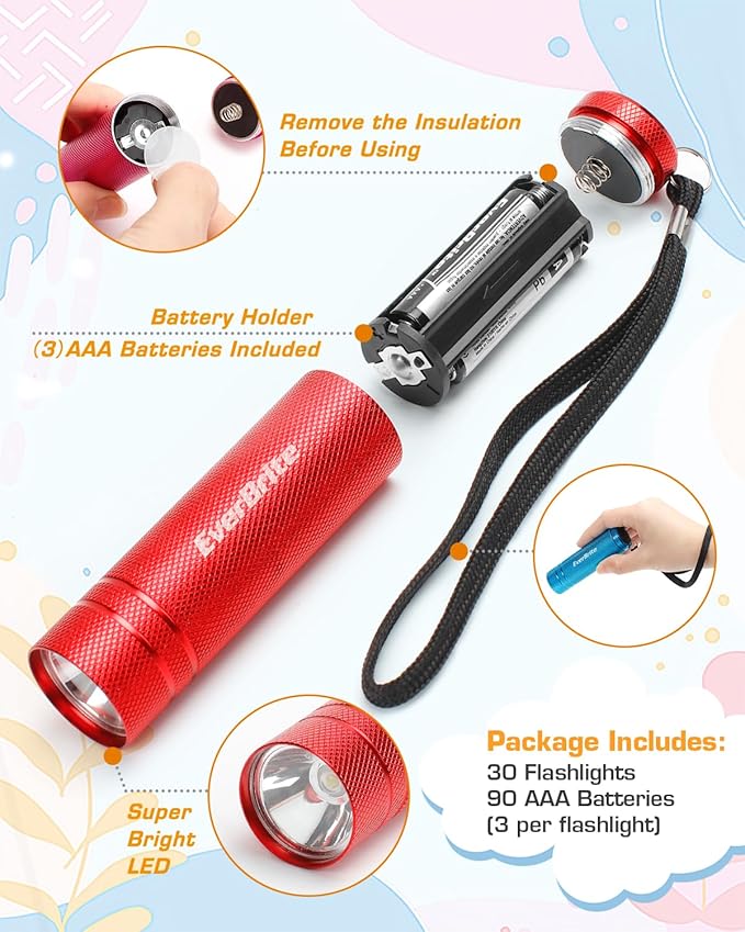 EverBrite 30-Pack Mini Flashlight Set, Aluminum LED Handheld Torches with Lanyard, Assorted Colors, 90xAAA Batteries Included for Emergency, Night Reading, Camping, Power Outage, Bulk Holiday Gifts