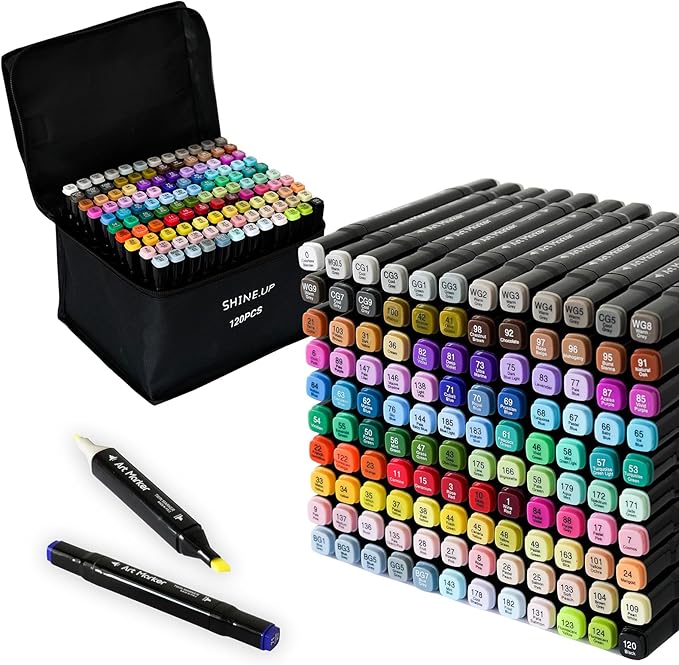 120 Colors Dual Tip Alcohol Markers Set, Chisel & Fine Point, plus 1 Colorless Blender, Professional Art Markers for Blending, Adult Coloring Books, Sketching, Architecture Design, Non-Toxic