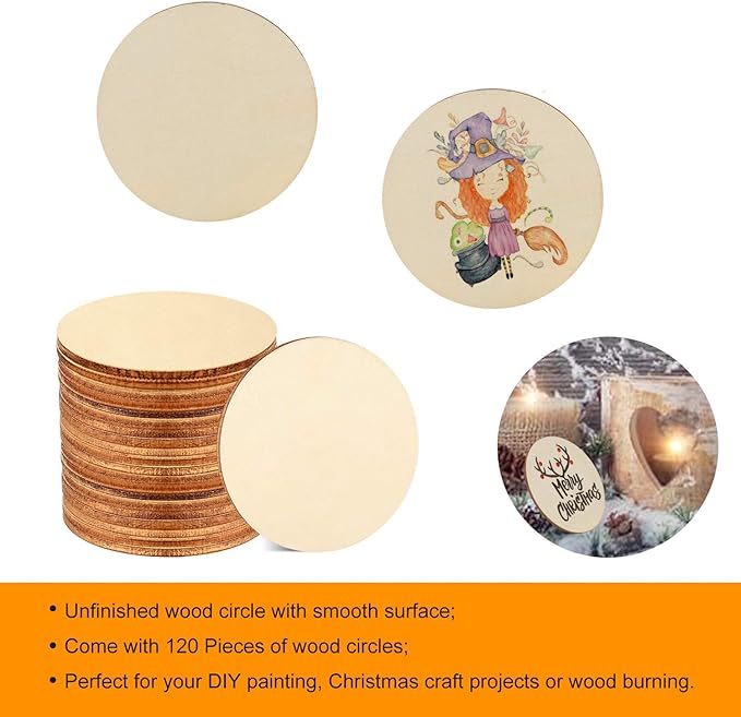 Coopay 120 Pieces 2 Inch Wooden Circles, Unfinished Round Wood Slices Natural Wooden Cutouts for Door Hanger, Painting, Wedding, Home Decoration DIY Wood Craft Supplies