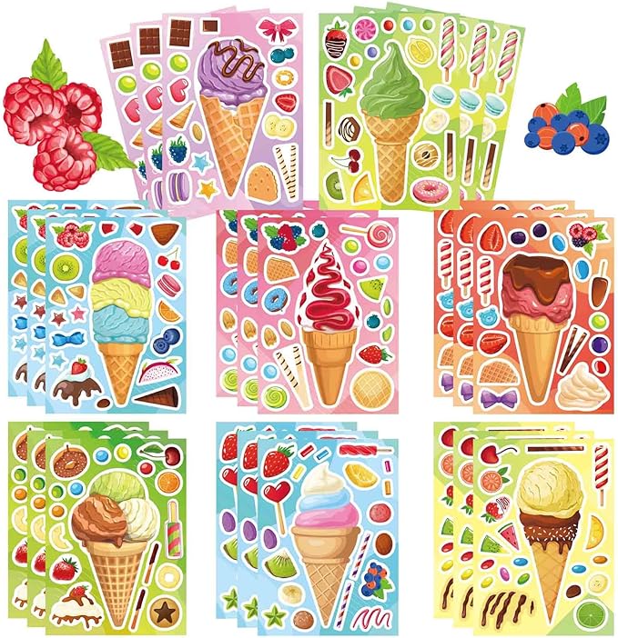24 Sheets Make Your Own Ice Cream Dessert Stickers for Kids, Toddlers - Summer Theme Ice Cream Stickers for Party Favors, Decorations