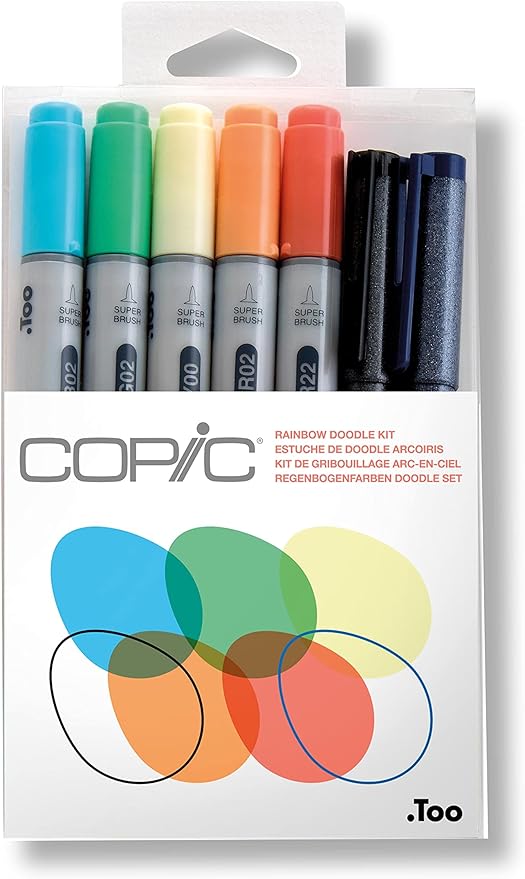 Copic Ciao Alcohol Markers, Doodle Kit Rainbow, 5 markers + 2 pens