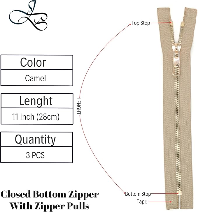 #5 Gold Metal Zipper - 50+ Colors - 3 PCS - (4-14 inches) Sizes - Luxury Lightweight Handcraft Metal Zippers with pulls for Purses Bags Pockets Shoes Sewing & Crafts DIY ZP025611