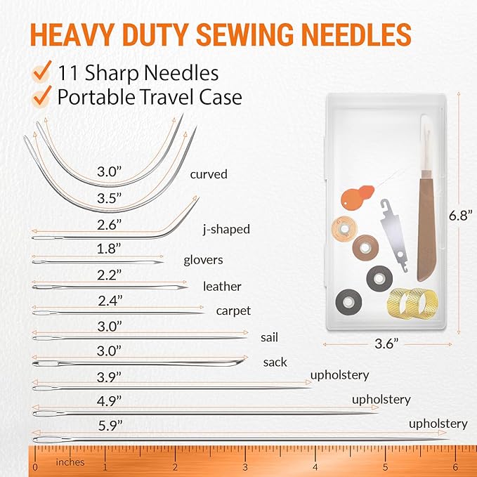 VONEEDL Heavy Duty Sewing Needles (11 PCS) & Waxed Thread (4 Different Brown Colors) - Upholstery Repair Kit for Leather, Canvas, Quilting & More