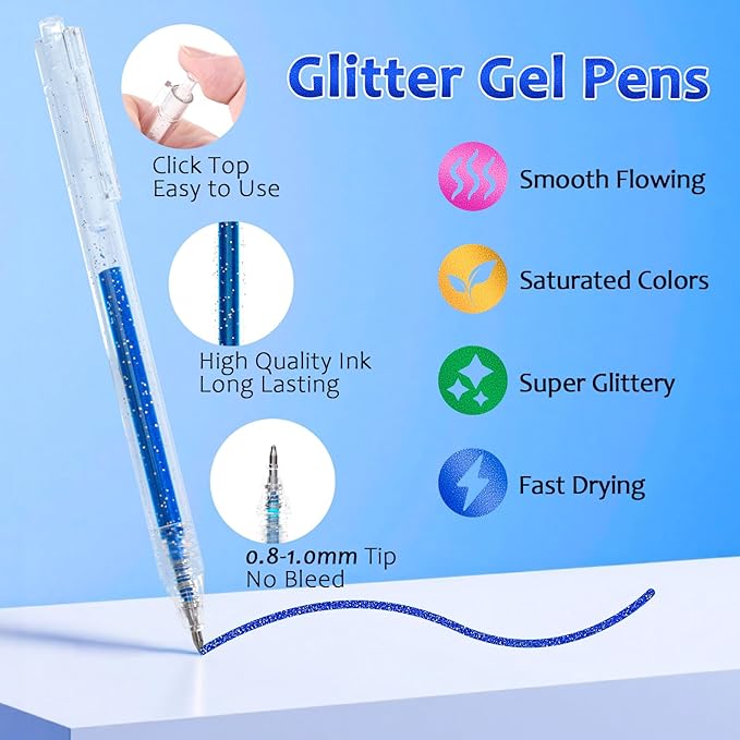 LET'S RESIN PAINT Glitter Gel Pens,18 Vibrant Colors Sparkle Gel Pen, Retractable Metallic Shimmer Pens for Adults Coloring Note Taking and Journaling Christmas Gifts Stocking Stuffers