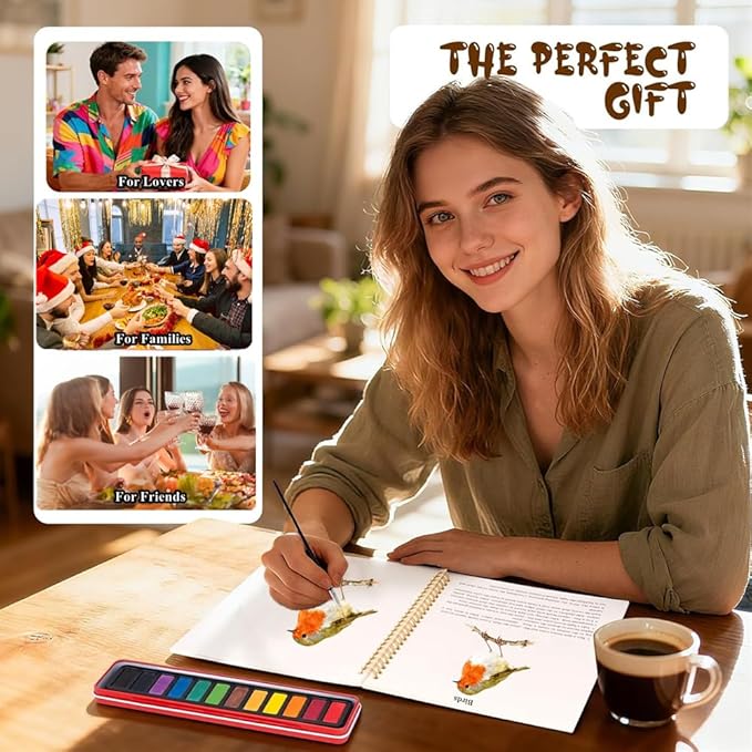 Watercolor Workbooks Coloring Book Beginner Friendly Painting Kit Easy Nature Scenes Paint Set Art Crafts for Creative Exploration Gift for Adults (Flowers, with Palette)