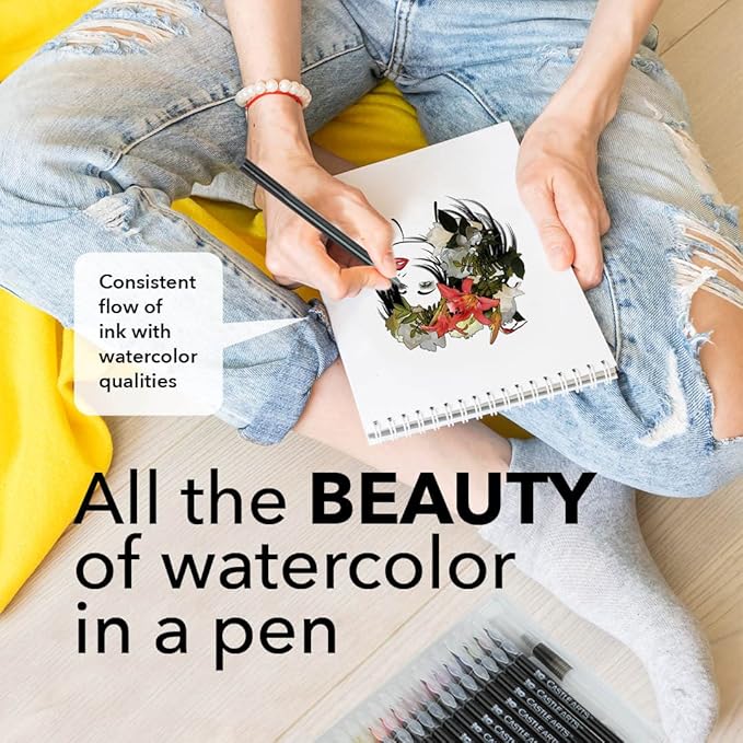 Castle Art Supplies Watercolour Brush Pens Set | 24 Lively Colours, with Flexible Nylon Tips | For adult colouring, painting, lettering – artists and beginners | Travel Case with Extra Water Brush Pen