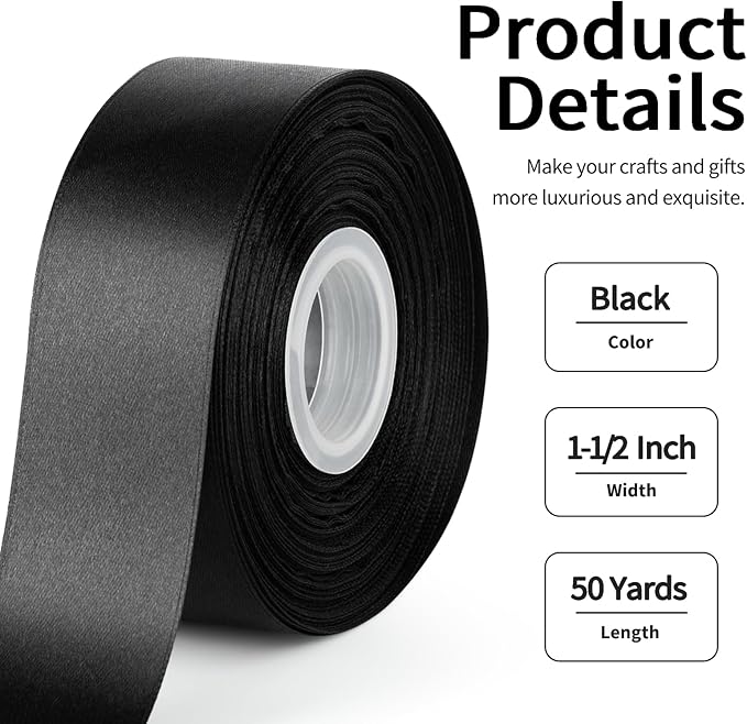 1-1/2 Inch Wide Black Satin Ribbon, 50 Yards Solid Polyester Fabric Ribbon for Roses Making, Gift Wrapping, Valentine's Day, Wedding Decorations, Crafts, Bows