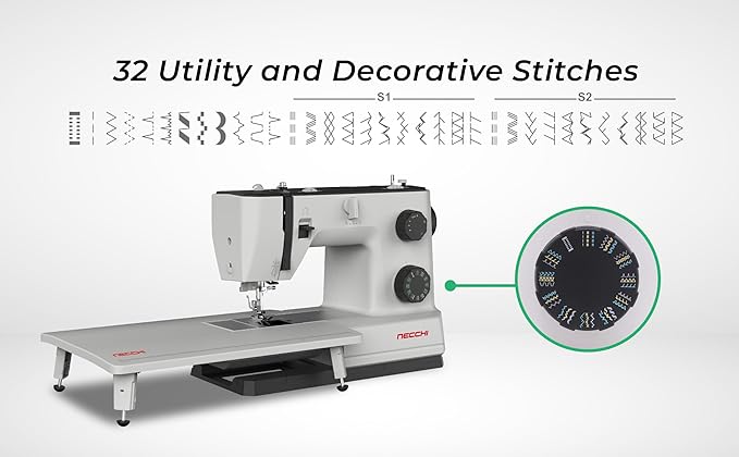 NECCHI Q132A Sewing Machine with Extension Table, Italian Designed, Stainless Steel Metal Bedplate, 32 Built-In Stitches, Accessory Kit Included.