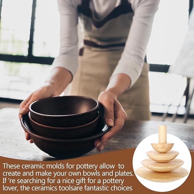 4 Pack Pottery Molds 4.5'' 6.5'' 8.5'' 10.5'' Thickness 2'' Plaster Molds Wood Pottery Tools with Handle for Ceramic Top Forms DIY Bowls Plate Dish Slump Press Art Making(Hemispherical)