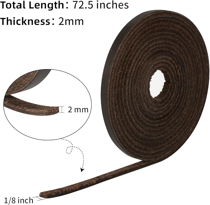 Ringsun 1/8 Inch Wide Flat Leather Strips for Crafts, Leather Shoe Laces Boot Laces Full Grain Leather Straps Cord String for Crafts, Tooling (2mm Thick 72.5 Inches Long Black Coffee)