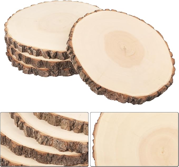 6 PCS 10-12 Inch Natural Wood Slices, Unfinished Paulownia Wood Circles with Barks for Coasters, DIY Crafts, Christmas Rustic Wedding Ornaments and Centerpieces,by GNIEMCKIN