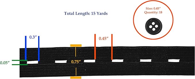 Mandala Crafts Black Buttonhole Elastics Band Pants Waist Tightener for Jeans - 0.75 In 15 Yds Black Elastic with Button Holes for Button Extender Waistband Belt