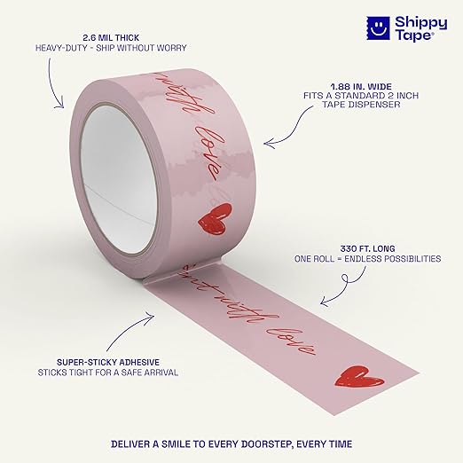 Cute Decorative Packing Tape - Sent with Love Handwritten Script Pink Red Heart, Fun Cute Designer Printed Packaging and Shipping Box Tape, 1.88" x 110 Yards (330 feet)
