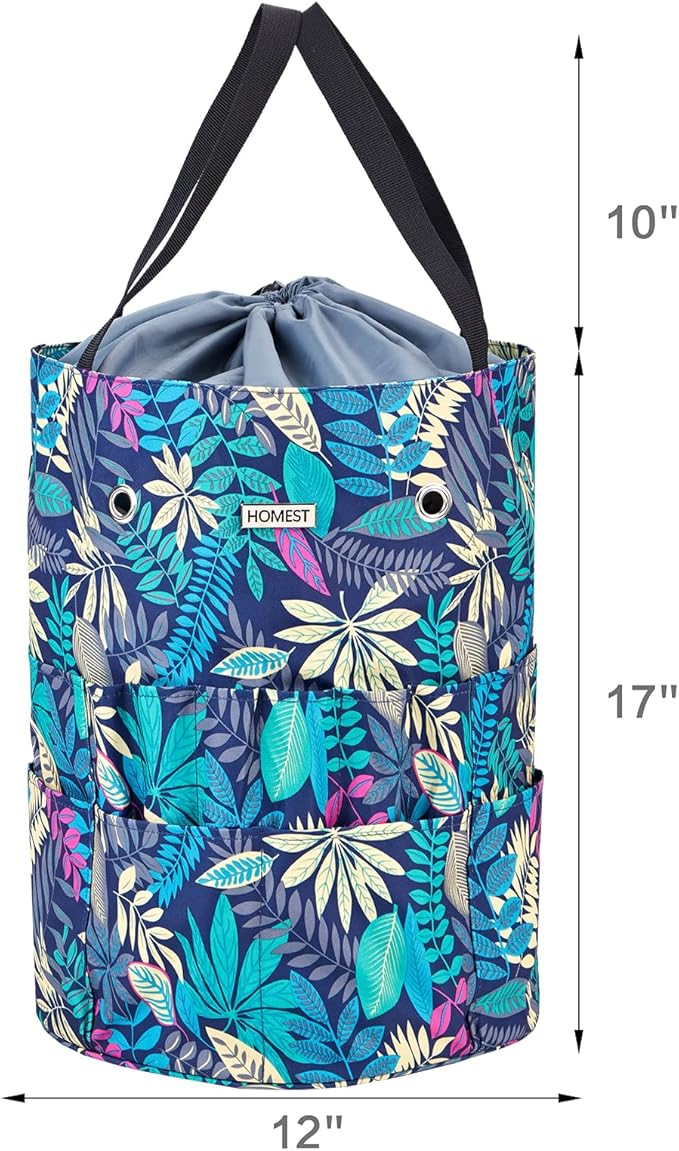 HOMEST Large Crochet Bag with Customized Front Compartment for Knitting Accessories, Yarn Storage with 6 Oversized Grommets, Tote Organizer with Drawstring Closure, Floral
