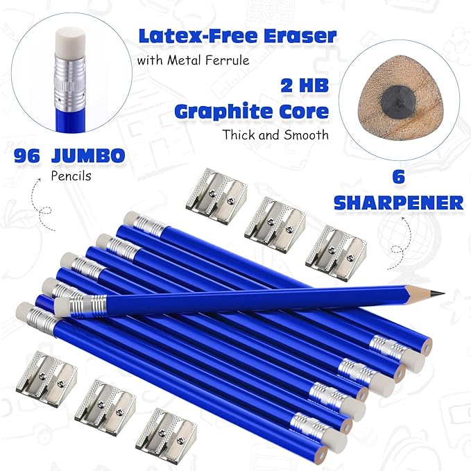 Fainne 102 Pcs Bulk Thick Jumbo Graphite Pencils Set 96 Fat Giant Large Pencils and 6 Sharpeners Enhanced Grip for Art Drafting Writing Drawing Office and Home Use(Blue,Triangle)