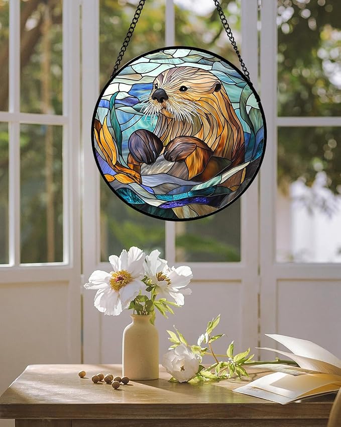 Stained Glass Suncatcher, Blue Ocean Cute Sea Otter Sun Catcher Stain Glass Window Hanging Decoration Mother's Day Birthday Gifts for Women Men Mom Nana 6.3 in