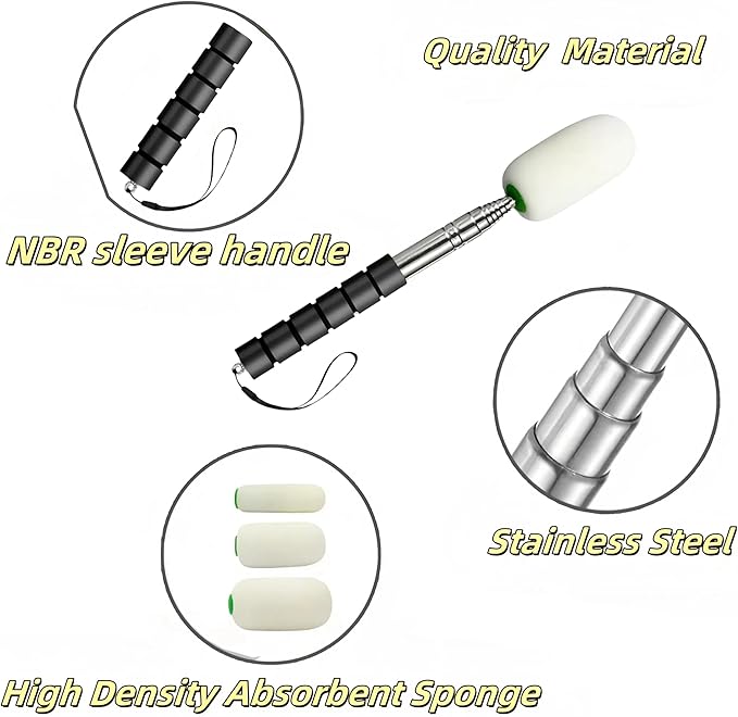 42" Sponge on a Stick for Pottery, 3 Detachable Sponge Heads, Telescoping Ceramic Tool for Removing Water & Shaping Tall/Narrow Vessels, Black Artist Pottery Tool (1 Stick)
