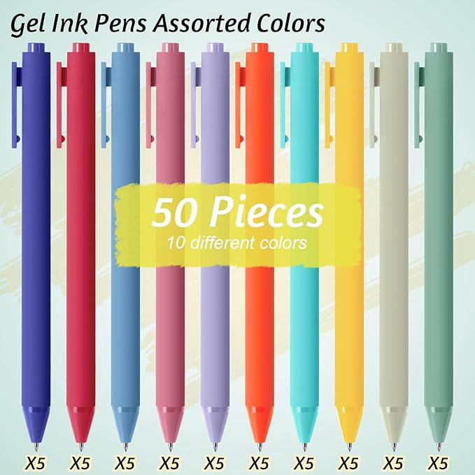 Crtiin 50 Pcs Gel Ink Pens Bulk, Black Ink 0.5mm Fine Point Retractable Pen Smooth Writing Office Supplies for Teacher Server Nurse Christmas Charity Donation Valentine (Rainbow Colors)