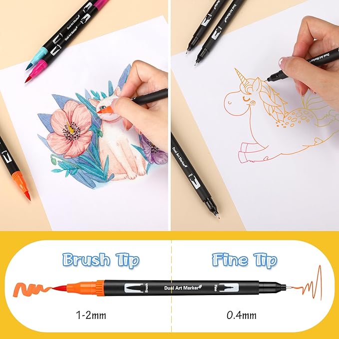 Coloring Pens,72 Dual Tip Brush Markers with Fineliner & Brush Felt Tip Pens Set, Art Watercolour Marker with Case for Adults Kids Colouring Calligraphy Drawing Sketching