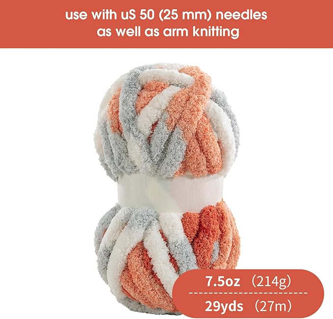 Hombys 8 Pack Giant Chunky Yarn for Crocheting & Knitting - Super Bulky Large Soft Fluffy Tie Dye Plush Fuzzy Mixed Color Thick Chenille Yarn (Orange, Light Grey, White)
