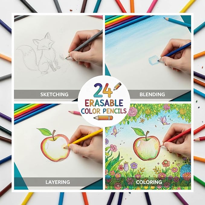 Pre-Sharpened Erasable Colored Pencils, Color Pencils with Erasers for Drawing, Sketching & Coloring, Art Supplies (24 Colors)