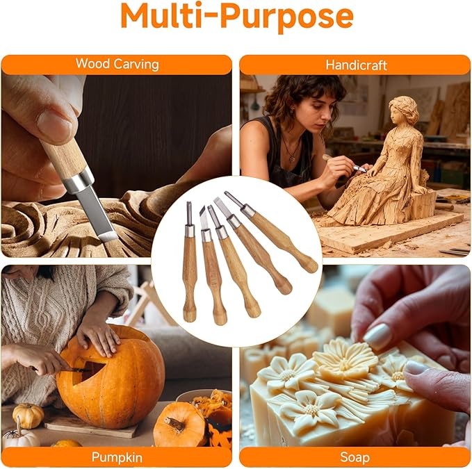 Wood Carving Tools Set, 5Pcs Hand Carving Knife Kit with Chisels and Gouges for Linocut, Printmaking, Woodblock, Pumpkin, and DIY Sculpture — Fit to Beginners & Experts
