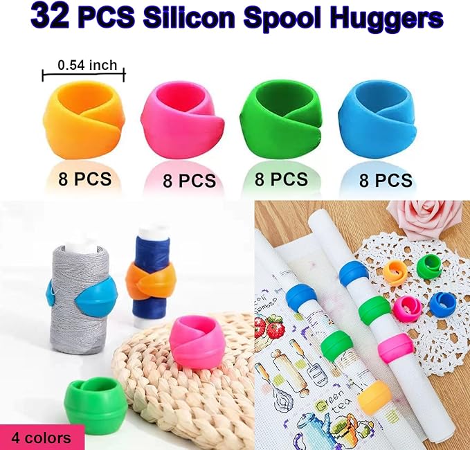 Doukey 282 PCS Sewing Supplies Thread Organizer Set Sewing Helpers, Include 100 Bobbin Thread Holders, 100 Sewing Bobbin Holder Clips, 32 Silicone Bobbin Holders Spool Huggers, 50 Sewing Clips