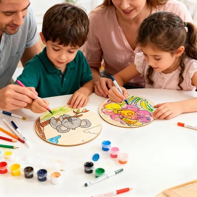 10PCS Wood Ornaments for Crafts with Double-Sided Designs Wood Circles for Crafts to Paint for Kids Hang or Display with Stand Wooden Ornaments for boy and Girl Ages 4-8