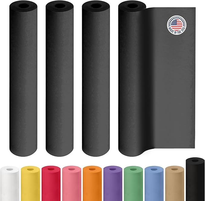 Black Paper Rolls 18" x 2160" (180 feet), Pack of 4 - USA-Made Black Kraft Paper 50lb Thickness - Ideal for Wrapping, Packing, Shipping, Arts & Crafts - 100% Recycled Natural Material by IDL Packaging