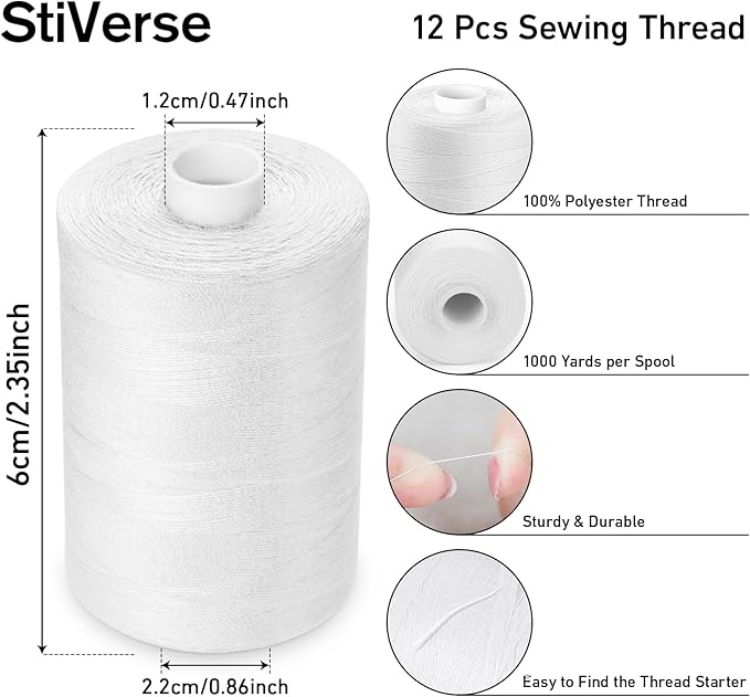 12 Pcs White Sewing Thread, 1000 Yard Each Spool 402 Polyester White Thread for Sewing, All Purpose Threads for Machine, Hand Stitching, Embroidery Clothing Repair, Home Decor
