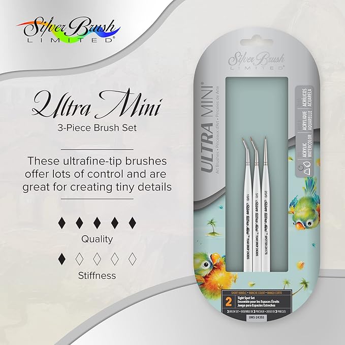 Silver Brush Limited UMS-2435S Ultra Mini Tight Spot Set, for Watercolor, Gouache, Inks, Dyes, Acrylic, & Heavy Body Paints, Set of 3, Size 20/0 Spotter, 5/0 and 10/0 Tear Drop Brushes, Short Handle