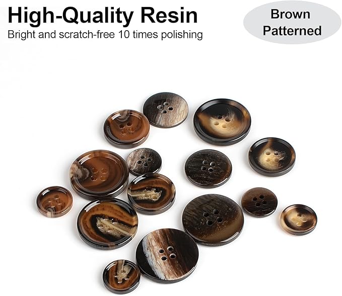 110Pcs Brown Patterned Mixed Sewing Buttons, 4-Hole Craft Round Blazer Buttons, 5 Color 3 Size (15mm, 20mm, 25mm) Suit Coats Resin Button, for Variety Clothing Sewing, DIY Craft (Brown Patterned)