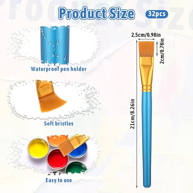 32 Pcs 1 Inch Flat Paint Brushes for Acrylic Painting Watercolor Large Acrylic Paint Brush with Wooden Handles for Acrylic, Watercolor, Oil, Crafts, Face Body Art, Golden