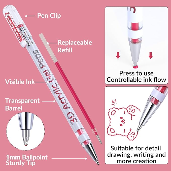 3D Acrylic Gel Pen,24 Colors Gel Pens With 1mm Bullet Tip Point, Acrylic Paint Pens for Black Paper,Rock Painting, Glass, Wood, Fabric,Cards,Scrapbook,DIY Art Crafts