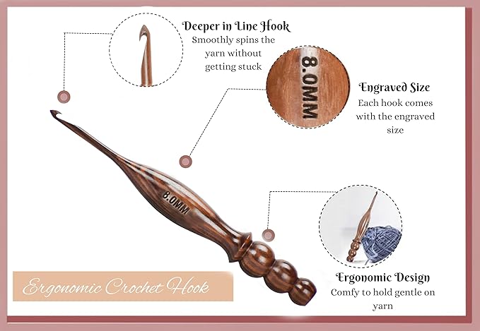 Wooden Crochet Hooks Set of 13 for Arthritic Hands | Ergonomic Soft Grip Handcrafted Knitting Needle for Crocheting and Knitting (Brown (Crochet - 3))