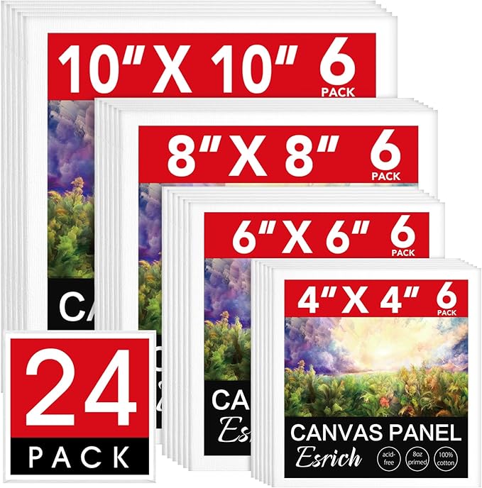ESRICH 24Pack Canvas for Painting, 6pcs Each of 4x4, 6x6, 8x8, 10x10 Canvas Boards for Painting, Art Supplies of Blank Canvas for Adults&Kids, Pre-Primed Painting Canvas for Acrylic, Oil & Watercolor