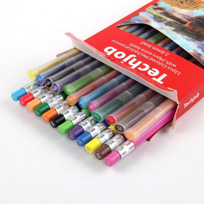 Colored Mechanical Pencil 2.6mm for Coloring and Drawing, Mechanical Colored Pencils, Mechanical Pencils with Sharpener and Case,12pcs with extra 24pcs colored leads