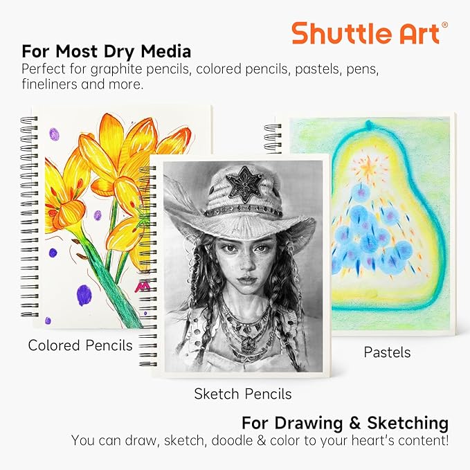 Shuttle Art 9x12” Sketchbook, 220 Sheets Total, Pack of 2(110 Sheets Each), 68lb/100gsm Thick Paper, Spiral Bound Mixedmedia Sketch Pad, Acid-free Drawing Pad for Kids Adults Artists Sketching Drawing