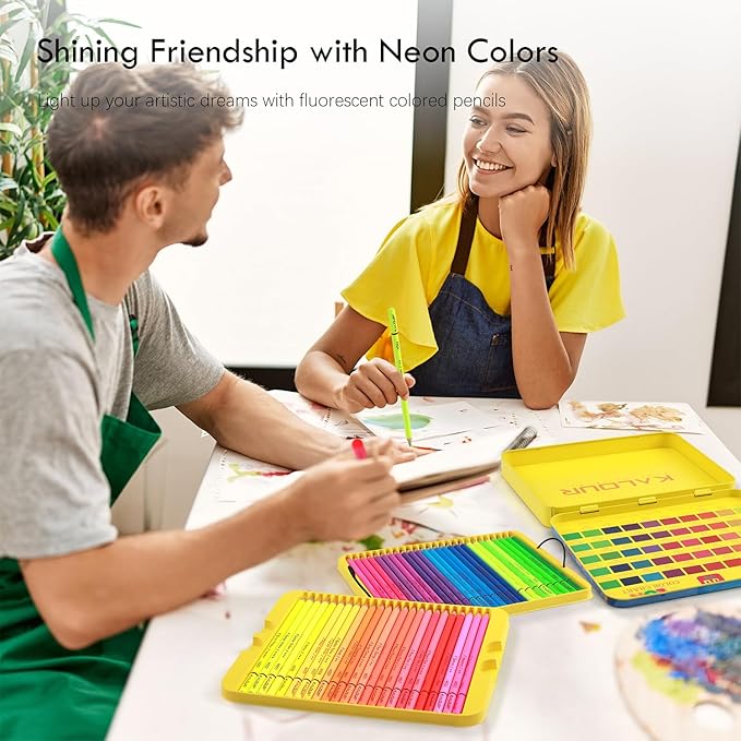 50 Neon Colored Pencils for Adult Coloring Books, Fluorescent colored Professional Drawing pencils Set Art Supplies Kit for Adults Beginners Artists, Soft Core