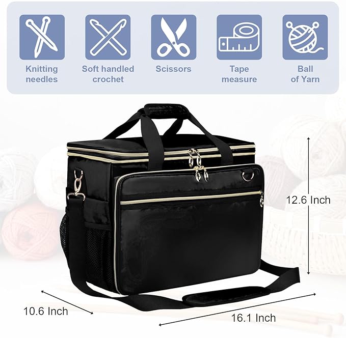 Anitor Large Crochet Bag Knitting Bag Yarn Storage Tote, Yarn Bag with Clear Top Lid, Unfinished Project Compartment, 6 Yarn Holes. Holds Knitting Needles, Crochet Hooks, Yarn, Black, (Bag Only)