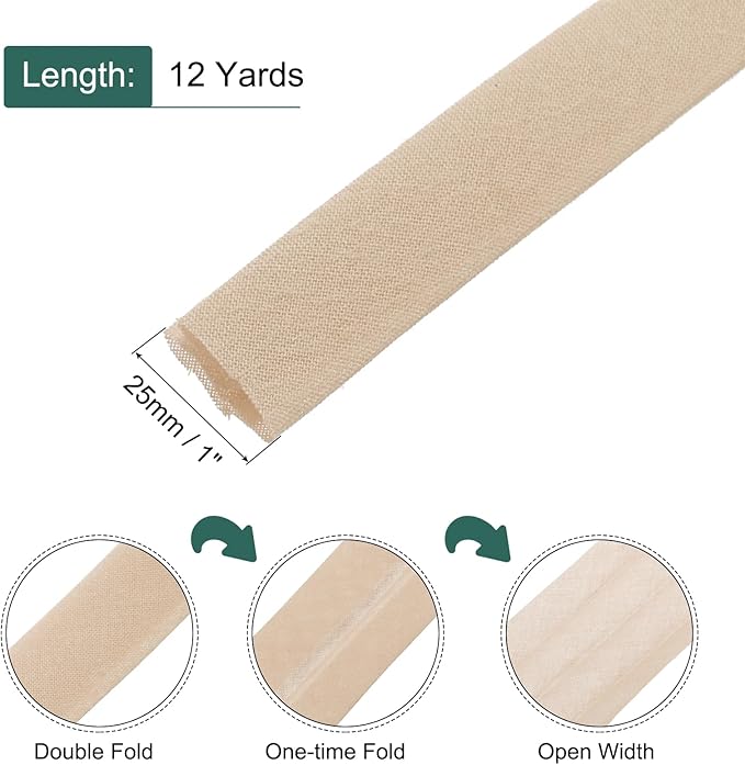 MECCANIXITY 1 Inch Double Fold Bias Tape Continuous Bulk Cotton Bias Tape for Sewing Seaming Quilting Hemming Binding Crafts (Khaki 12 Yards)