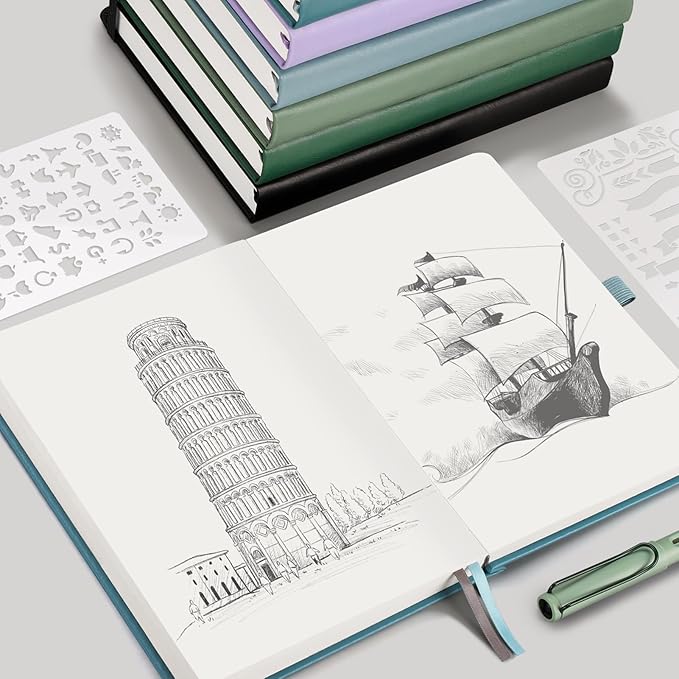 EMSHOI Blank Notebook Journal - 320 Pages, 100gsm Thick Paper, A5 Hardcover Leather, Art Sketchbook for Drawing, Unlined, Plain Sketch Book for Women Men Work Writing, 5.75 X 8.38, Light Blue