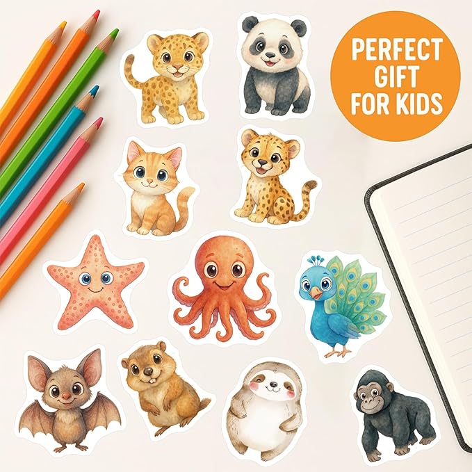 300 Pcs Cute Animal Stickers for Kids Water Bottle Teaching Reward Laptop Phone Case Scraobooking Kindle Suitcase Stationery Diary Notebook Craft, Waterproof Vinyl Stickers