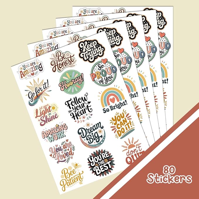 80PCS Boho Motivational Stickers - 5 Sheets Positive Encouragement Stickers, Motivational Reward Stickers for Kids, Teacher, Designs for Planners, Water Bottles, Scrapbooks, Reward Charts, Classroom