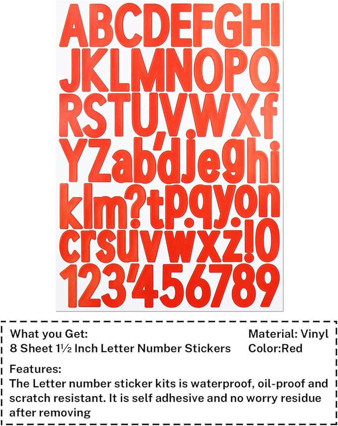 1.5 Inch Letter Stickers, 544 Pieces Alphabet Number Symbol Stickers for Scrapbooking, Sign, Water Bottle, Self-Adhesive Vinyl Letter Sticker Decals for Arts&Crafts - 8 Sheets,Red