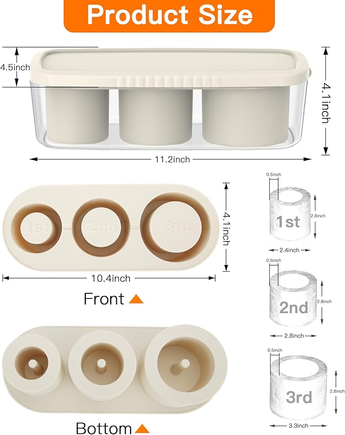 Ice Cube Tray for Tumbler Cup 30Oz-40Oz, 3 Pcs Silicone Cylinder Ice Mold with Lid and Bin for Freezer, Easy Fill and Release Ice Maker for Whiskey, Cocktail BPA-Free (White, 40Oz-Type2)